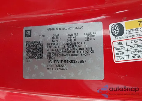 2019 Chevrolet Camaro 1Lt from USA, damaged, VIN 1G1FB1RS4K0125657